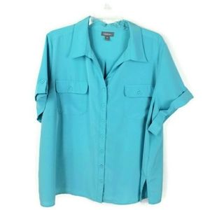 Essentials Blue Button Front Short Cuffed Sleeve Career Blouse Womens 4X